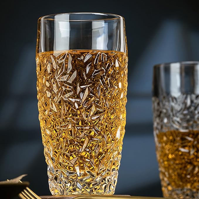 Set of 4 Luxury Highball Glasses - 14oz Cut-Glass Water Drinking Cups - Stackable Collins Glass for Tiny Kitchens, Dishwasher Safe, Elegant Glassware Set Fits Wedding, Christmas