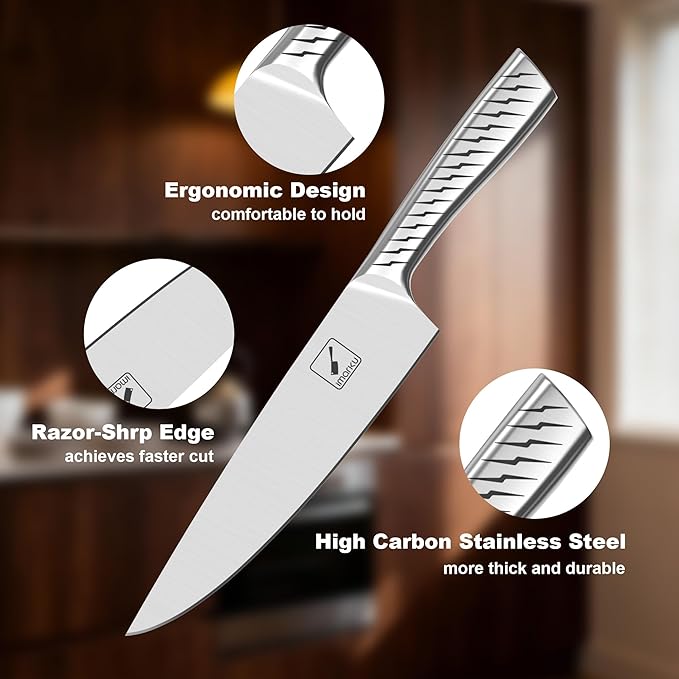 imarku 14-Piece Knife Set with Block, High Carbon Stainless Steel Kitchen Knives with Built-in Sharpener, Dishwasher Safe, Ergonomic Non-Slip Handle, Perfect for Home Cooks & Chefs, Brown
