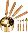GuDoQi Gold Measuring Cups and Spoons Set of 8, Wood Handle with Metric and US Measurements, Premium Stainless Steel, Golden Polished Finish, Dry & Liquid Measuring Cup for Cooking and Baking
