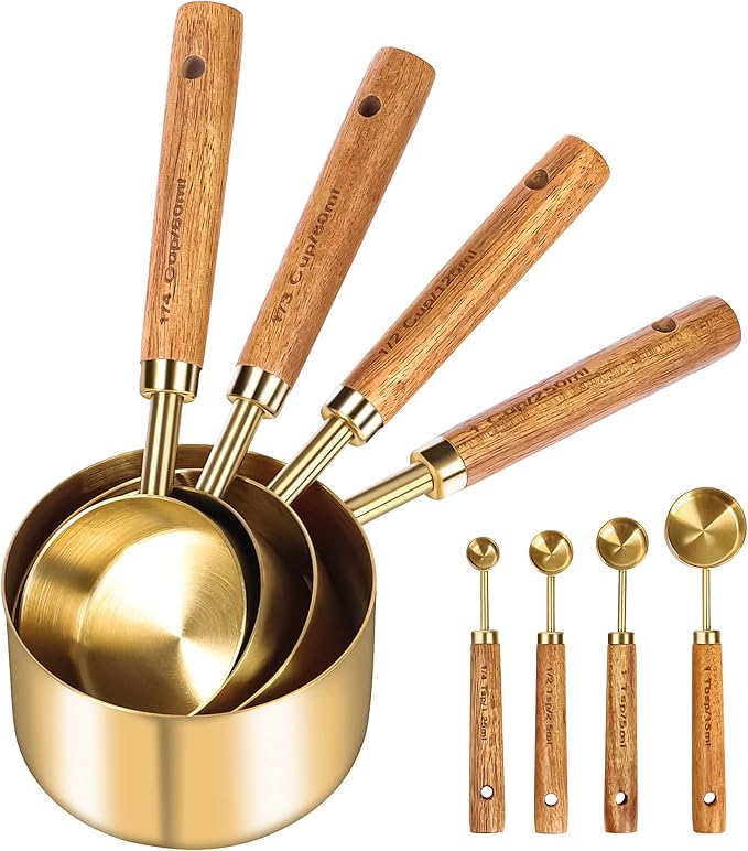 GuDoQi Gold Measuring Cups and Spoons Set of 8, Wood Handle with Metric and US Measurements, Premium Stainless Steel, Golden Polished Finish, Dry & Liquid Measuring Cup for Cooking and Baking