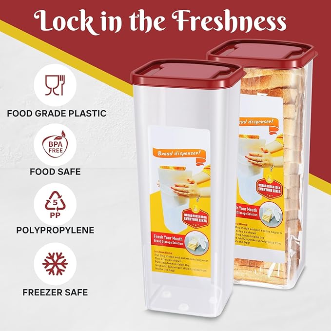 Flexzion 2 Pack Bread Containers Storage Airtight Loaf - Clear Bread Box for Kitchen Countertop BPA-Free Bread Loaf Storage Container Space-Saving & Durable Plastic Bread Container & Dispenser, Red