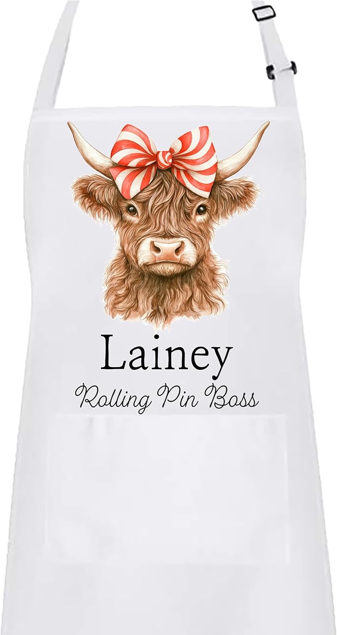 Mommy and Me Highland Cow with Peppermint Swirl Bow Apron Set – Matching Christmas Baking Aprons, Cow Kitchen Gift