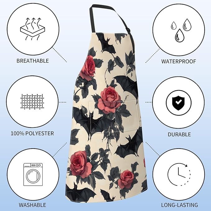 Cute Black Bat Apron for Women with Floral,28x33in,Gothic Kitchen Aprons with 2 Pockets, Oxford Fabric, Goth Halloween Adjustable Apron for Cooking Baking Gardening Chef,Gifts for Mom Wife