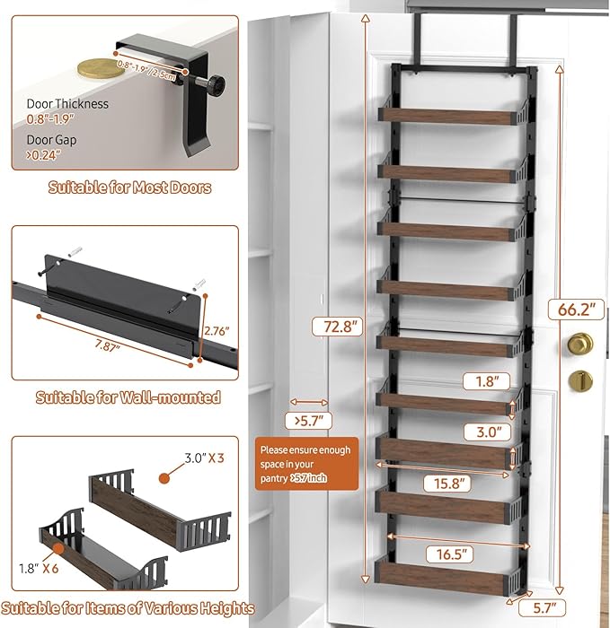 Over the Door Pantry Organizer: Pantry Organization and Storage with Hanging Basket - 9-Tier Metal Spice Rack Adjustable Shelves for Kitchen Bedroom Bathroom & Laundry Room Black