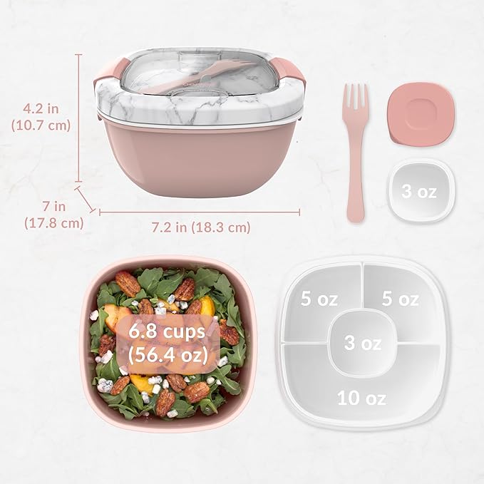 Bentgo Salad Container - 54 oz Bowl with 4-Compartment Toppings Tray, Dressing Container, Reusable Fork, BPA-Free Lunch Box for Meal Prep & Food Storage; Removable Bento Tray (Blush Marble)