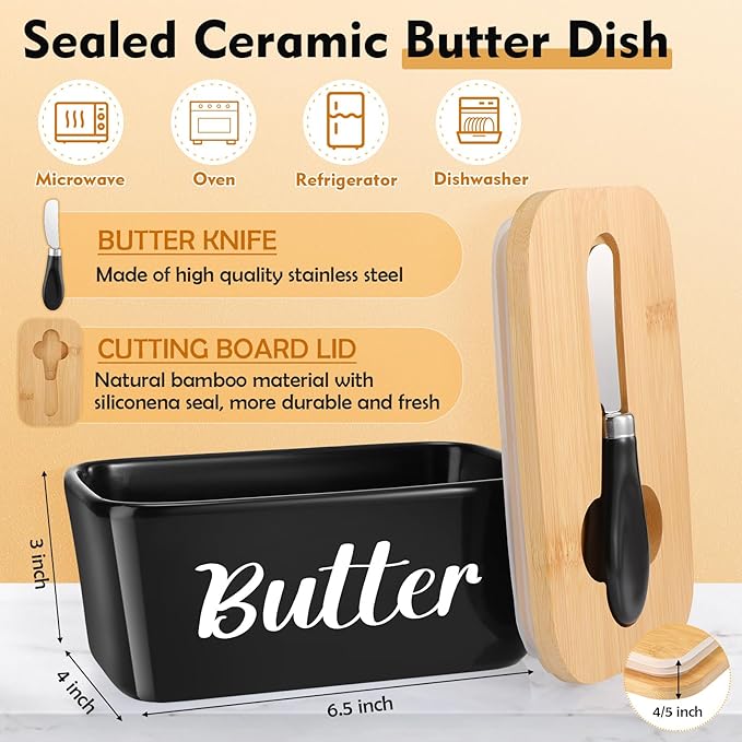 Hushee Metal Bread Box and Butter Dish with Bamboo Cutting Board Lid and Knife Bread Storage Container Breadbox for Kitchen Counter Butter Organizer for Kitchen Countertop Decoration(Black)