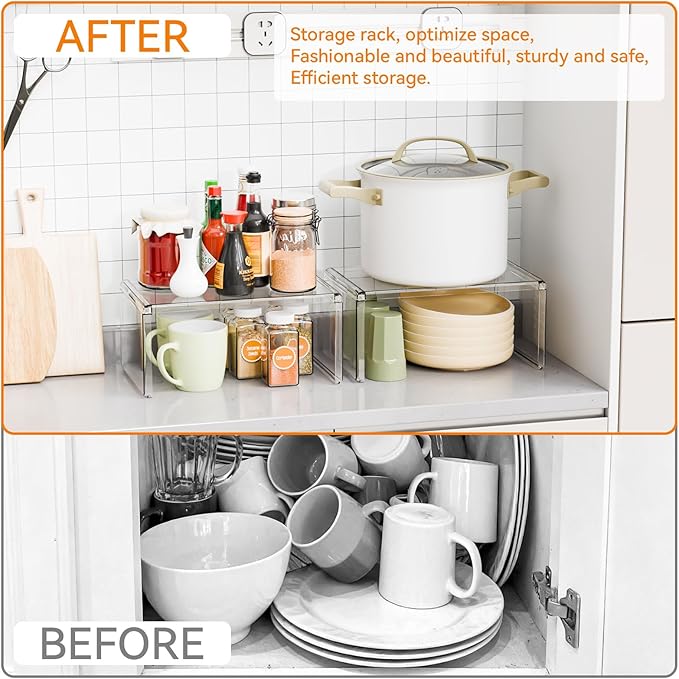 Yieach 2 Pack Acrylic Clear Cabinet Organizer Shelf for Kitchen,Countertop,Stacking 2 Tier Desk Organizers Stand and Cabinet Risers for Dishes,Clear Shelf Organizer for Pantry Organizers and Storage
