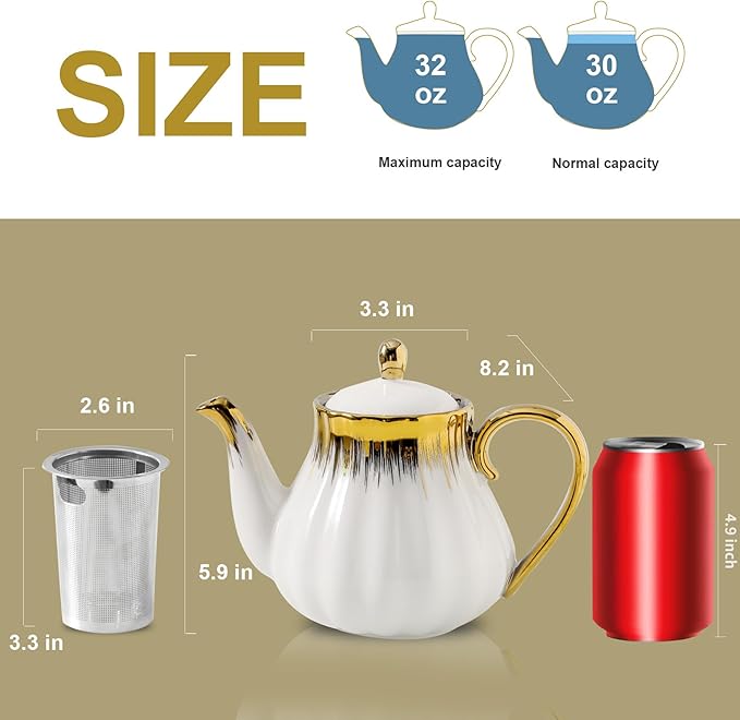 Ceramic Teapot, Ceramic Tea Pot with Removable Stainless Steel Infuser White Teapots with Gold Trim, Floral Teapot, Tea Kettles for loose leaf tea and tea bags, Coffee(30oz)