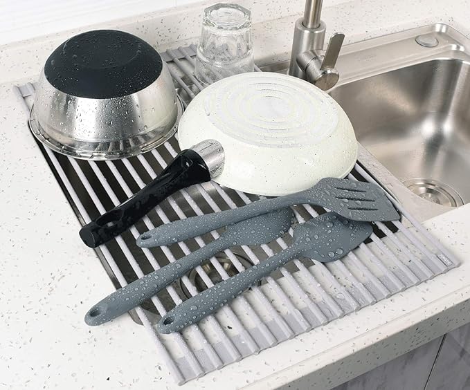 Surpahs Roll-Up Dish Drying Rack, Warm Gray, 20.5" x 13.1", Fits Sinks up to 19" Wide, Silicone-Coated Stainless Steel