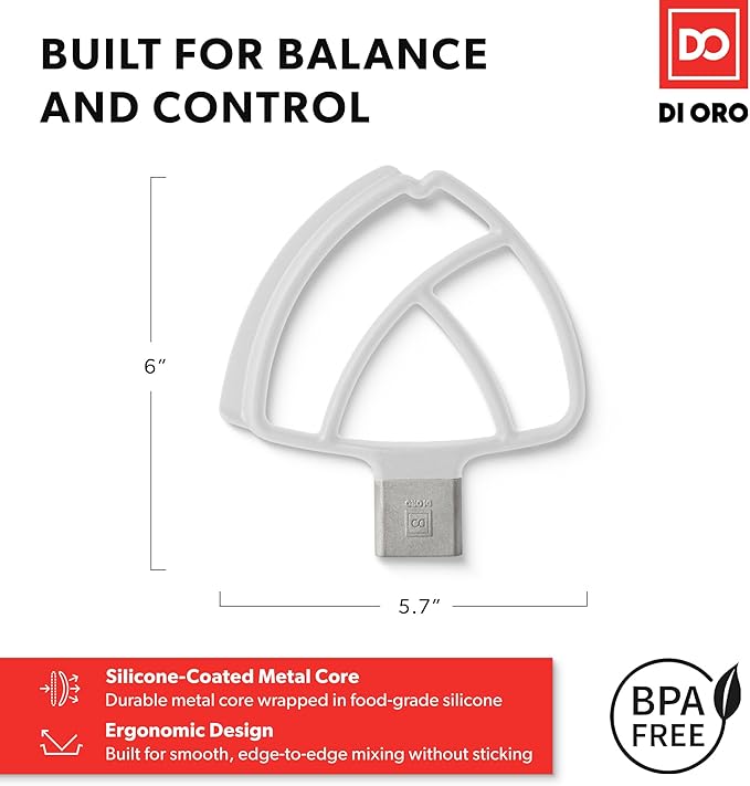 DI ORO Seamless Series Flex Edge Beater for KitchenAid Tilt-Head Stand Mixer - 4.5-5 Quart Flat Beater Paddle - Flexible Silicone Edges for Scraping & Mixing Bowls - Dishwasher Safe & BPA Free (White)