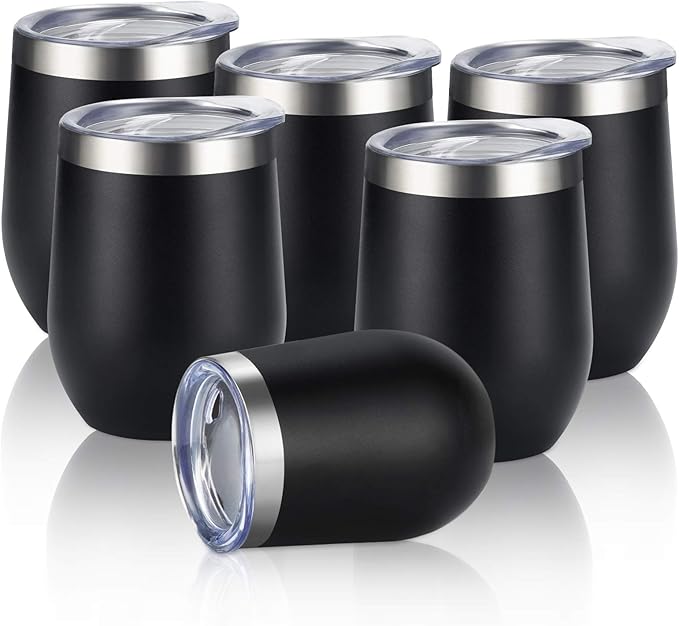 6 Pack Stainless Steel Wine Tumblers, 12Oz Insulated Wine Tumbler, Double Wall Insulated Wine Glass, Stainless Steel Stemless Wine Cups with Lids for Coffee, Wine, Cocktails, Champaign, Black…
