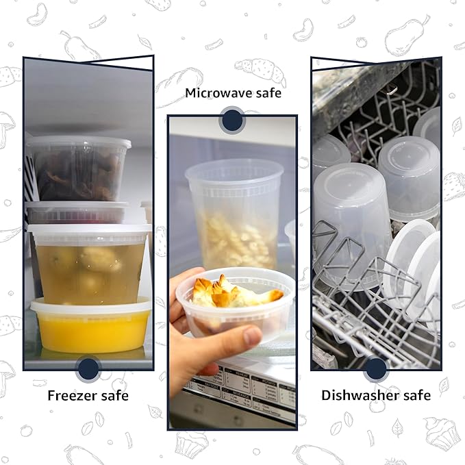 [24 Pack - 32 oz] Plastic Soup Cups Deli Food Storage Containers with Tight Lids Portion Control Non-Spill Stackable Microwaveable Freezer Dishwasher Safe