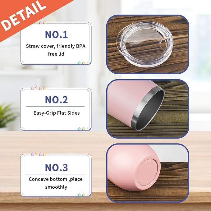 StarSpeed 12oz/8 Pack Wine Tumbler with lid, Stainless Steel Travel Mugs Stemless Double Wall Insulated Coffee Cup, Insulated Wine Glasses Travel Tumbler for Cold & Hot Drinks(Light Pink, 8)
