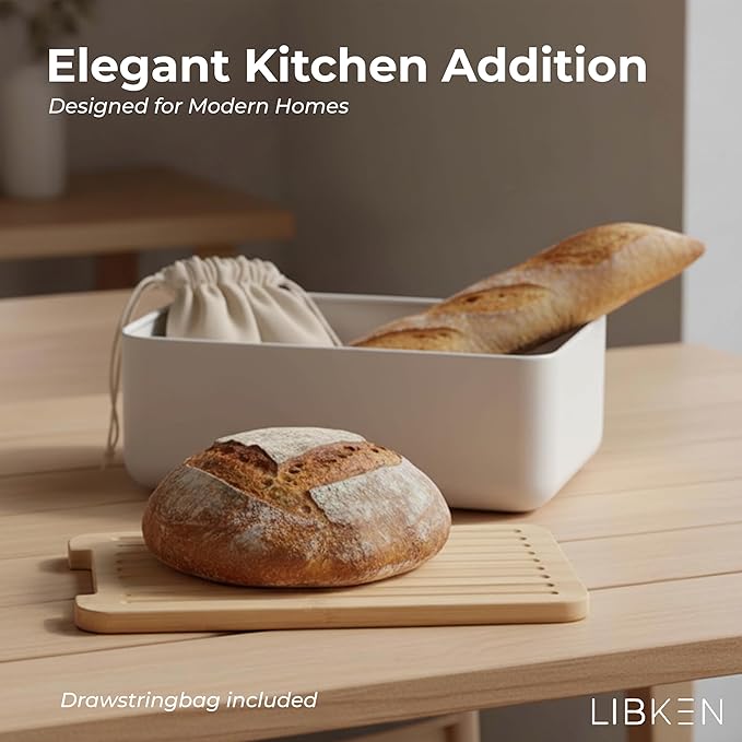 Bread Box – Extra Thick Steel Bin with Bamboo Cutting Board Lid & Drawstring Bag - Modern Scandinavian Metal Box for Kitchen Countertop, Sourdough & Homemade Bread - Warm Grey