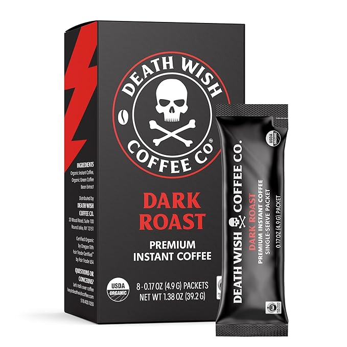 Death Wish Coffee Instant Dark Roast Coffee Packets, Bold & Intense Blend of Arabica & Robusta Beans, USDA Organic, 8 Count