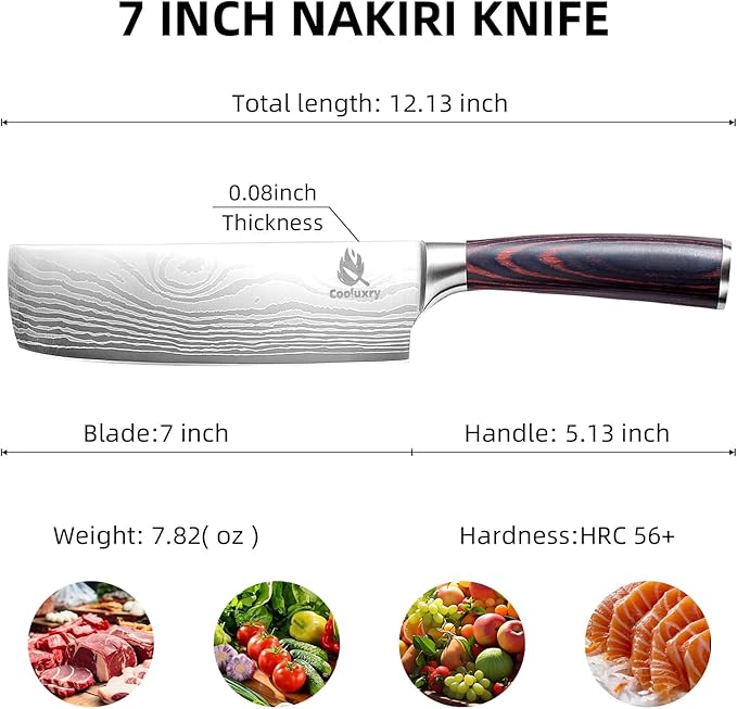 7 Inch Nakiri Knife - 7" Razor Sharp Meat Cleaver and Vegetable Kitchen Knife, Professional Vegetable Chopping Knife, High Carbon Stainless Steel Blade with Ergonomic Handle