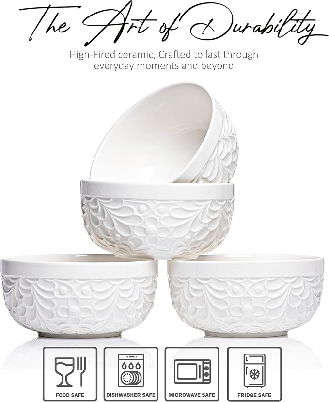 32Oz Ceramic Bowls for Kitchen with Nature-Inspired Engravings - Set of 4 - Versatile Ramen Bowl Set for Pasta, Chili, Oatmeal, Cereal, Rice, Fruit, Soup - Dishwasher, Microwave, Oven, Freezer Safe