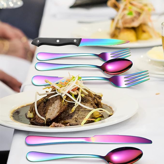 Rainbow Silverware Set For 4 Cutlery Stainless Steel Flatware 24 Piece Colorful Knives Fork Spoon Dishwasher Safe Eating Utensils For Festival Parties Restaurant