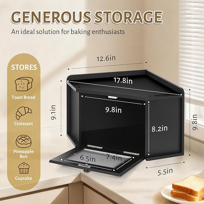 Corner Bread Box for Kitchen Countertop, Wooden Bread Storage for Homemade Bread, Rustic Breadbox with Acrylic Wavy Door, Bread Container for Kitchen Counter Cabinet, Pantry, Cupboard
