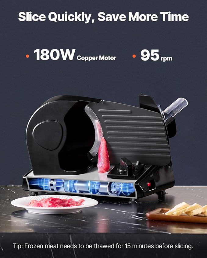 VEVOR Meat Slicer, 7.5 inch Electric Deli Food Slicer, 180W Meat Cutter with two Premium SUS420 Blades, 0-0.6 inch Adjustable Thickness, ETL Certified Food Slicer Machine for Home Use