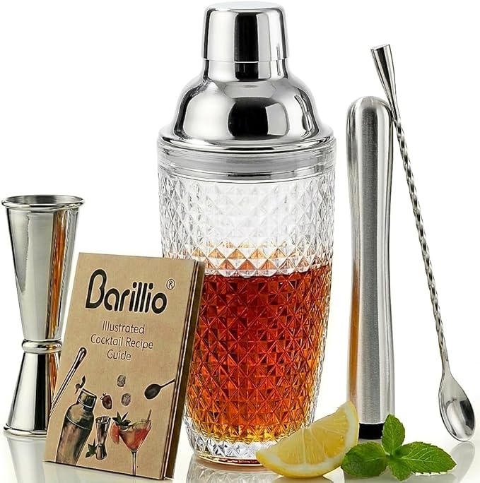 Barillio Glass Cocktail Shaker Set | 14 oz Cobbler Mixer with Bar Tools | Bartender Kit with Measuring Jigger, Mixing Spoon and Muddler | Gift Set