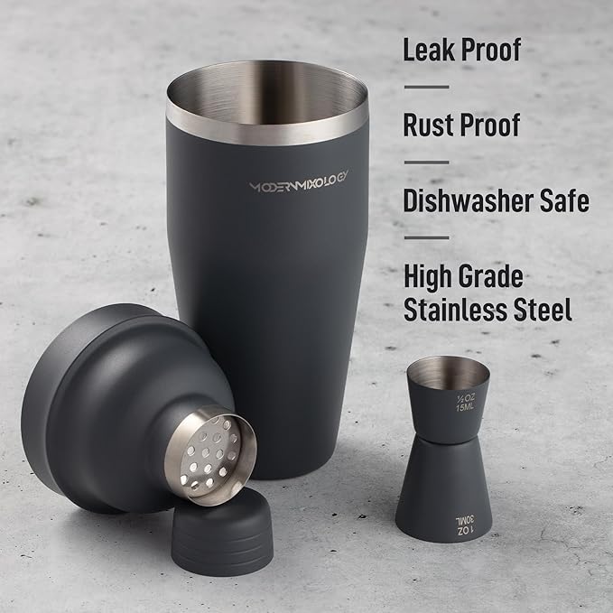 Modern Mixology Matte Black Bartender Kit – Cocktail Shaker and Jigger Set, 24oz Drink Mixer with Cap – Home Bar Tools for Mixing Cocktails, Martini, Margarita – Sleek Gift for Men & Women