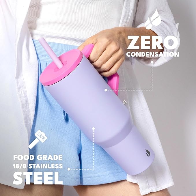 Elemental 40 oz Tumbler with Handle and Straw - Spill Proof Insulated Stainless Steel Commuter for Hot and Cold Beverages - Travel Coffee Mug with 2 Straws & Spill Proof Lid - 40oz - Lilac Tie Dye