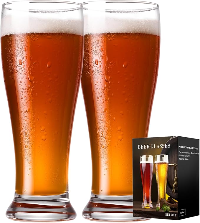 Beer Glasses Set of 2, 14 oz Pilsner Beer Pint Glasses, Classics Craft Wheat Beer Glasses Drinking Set, Beer Mug Glassware Gift for Men