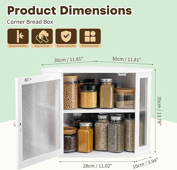 Corner Bread Box for Kitchen Countertop - Bamboo Large Capacity Bread Storage Bin with Acrylic Wavy Door Panel,Bread Box Under Cabinet (White,Medium)