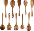 Handcrafted Acacia Wood Kitchen Utensil Set, 10-PCS Natural Brown Cooking Spoons and Slotted Spatulas, Premium Wooden Serving Tools for Kitchen (10Spoon)