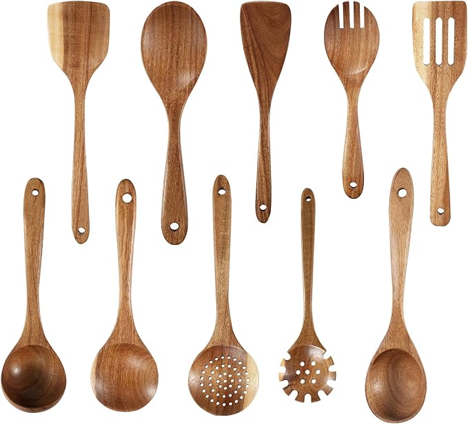 Handcrafted Acacia Wood Kitchen Utensil Set, 10-PCS Natural Brown Cooking Spoons and Slotted Spatulas, Premium Wooden Serving Tools for Kitchen (10Spoon)
