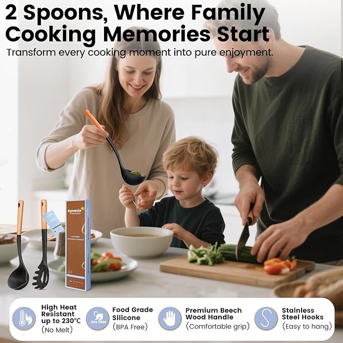Silicone Soup Ladle Spoon, Kitchen Soup Cooking Spoons Set, Large Spaghetti spoon, Nonstick Pasta Spoon, Heat Resistant Pasta Fork for Serving Soup, Noodle, Sauce