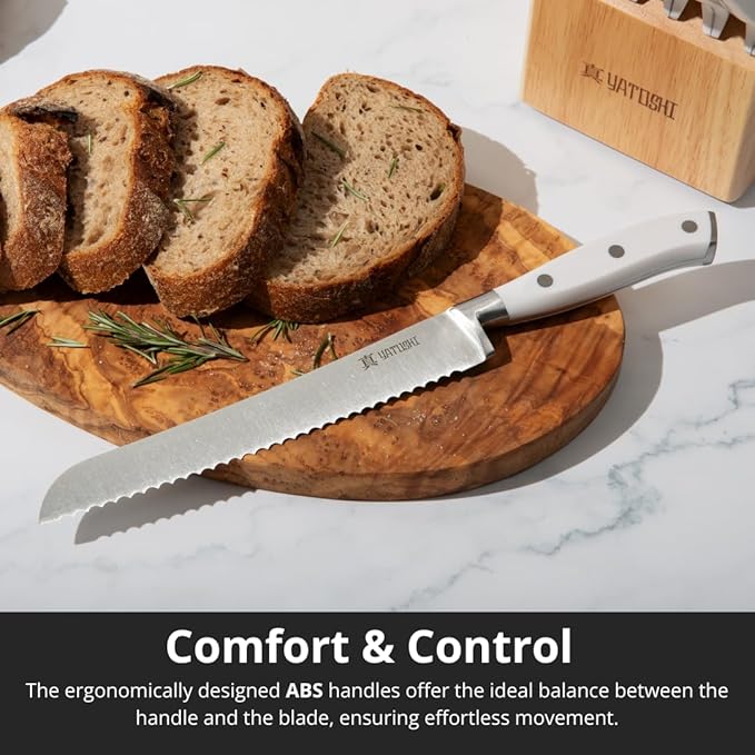 Yatoshi 15 Piece White Knife Block Set - Pro Kitchen Knife Set Ultra Sharp High Carbon Stainless Steel with Ergonomic Handle