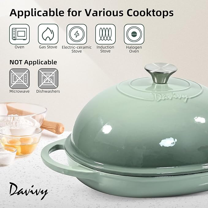Davivy 6QT Oval Sourdough Dutch Oven with Silicone Baking Mat, Cast Iron Bread Oven for Sourdough 6QT,Bread Cloche Dutch Oven Baking Pan with Domed Lid - Sea Salt Green