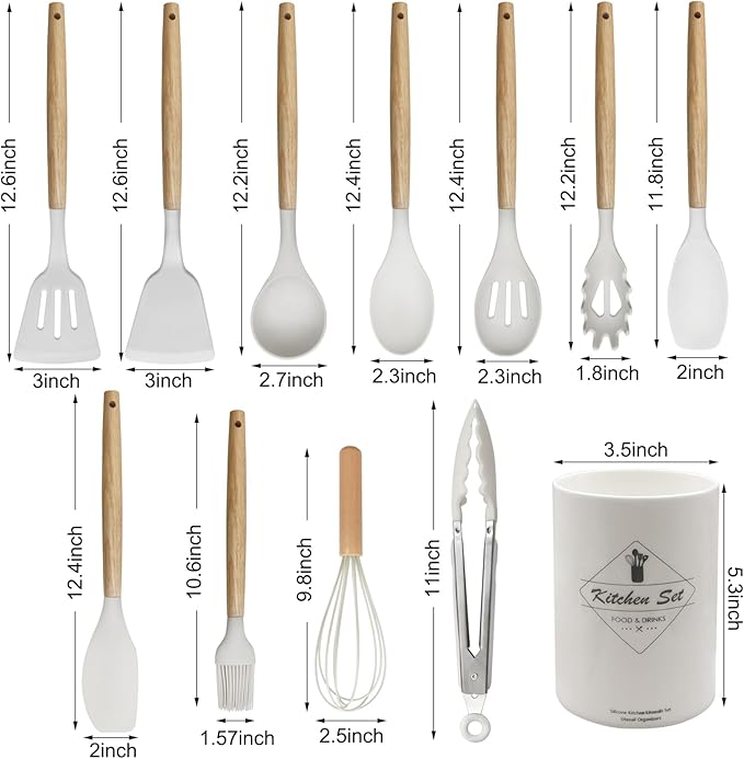 Kitchen Utensils Set of 12, Silicone Cooking Utensils with Non-Slip Wooden Handle and Organizer Bucket, 446°F Heat Resistant Cookware Utensils Set (Cream White)