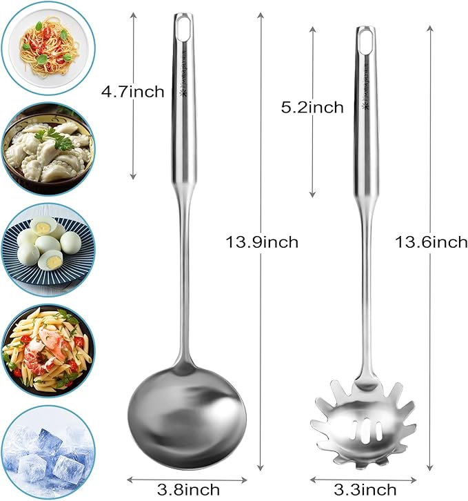 Stainless Steel Soup Ladle and Spaghetti Spoon Set - Large Ladle Spoon, Pasta Strainer, Durable Kitchen Cooking Utensils for Stirring, Serving Pasta, Soup & Sauce [Heat Resistance，Integral Forming]