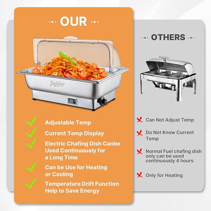 Electric Chafing Dish, 9QT Full Size Electric Chafing Dish Buffet, Adjustable Temp Roll Top Food Warmer, 600W Chafing Dish Buffet Set for Catering Parties