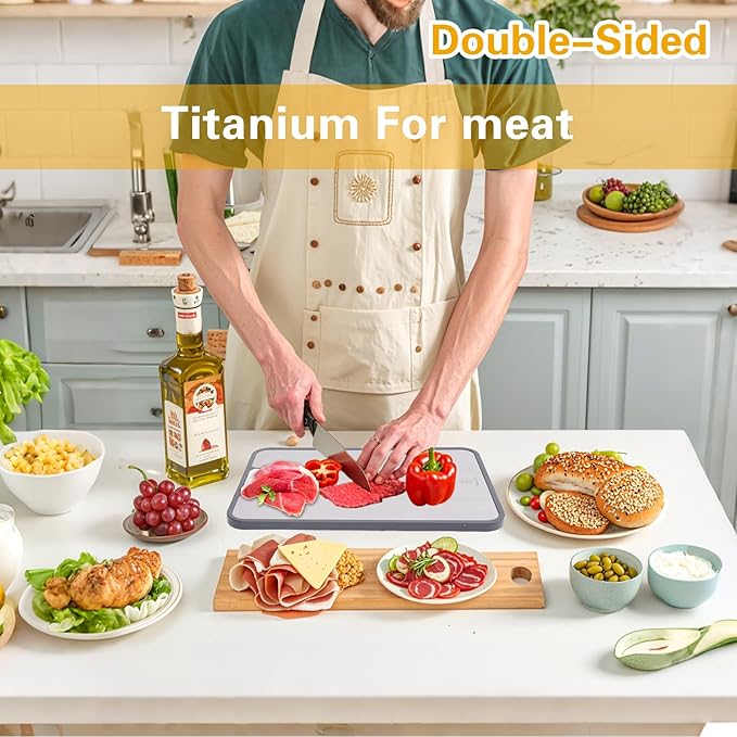 Titanium Cutting Board for Kitchen, Double-Sided Food-Grade Design with Pure Titanium & Wheat Straw PP, Non-Slip Edges, for Meat, Vegetables, Baking, Safe & Easy to Clean