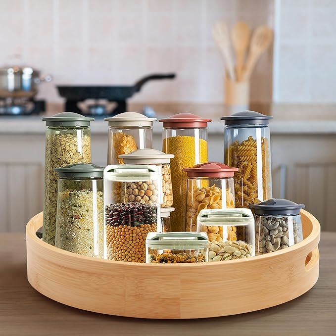 12in Bamboo Lazy Susan Pantry Organizer and Storage for Countertop and Spice Organization for Cabinet Round Rotating Serving Tray Turntable Seasoning Organizer for Kitchen Table Top