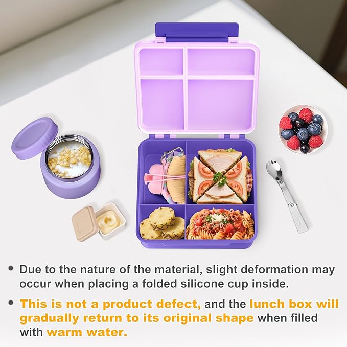 Lunch Box Kids with 5 Compartments, Insulated Food Jar & Utensil & Sauce Container & Lunch Bag & Silicone Collapsible Cup, Leak Proof Bento Box, BPA-Free & Dishwasher Safe-Deep Purple