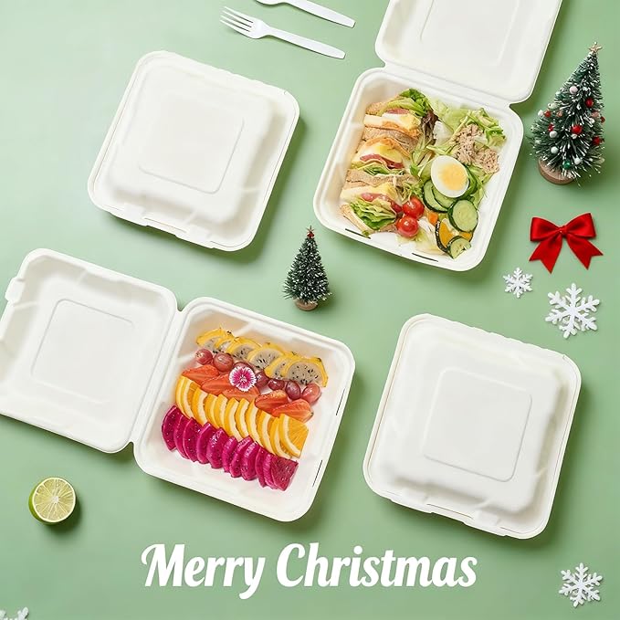 JOLLY CHEF Clamshell Take Out Food Containers, [8 * 8" 50-Pack] To Go Containers Disposable, Sugarcane To Go Box for Thanksgiving, Salad,Lunch