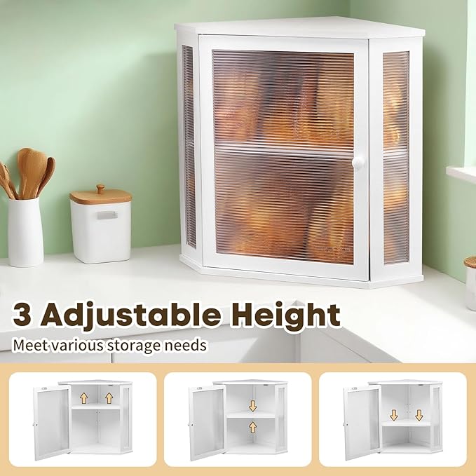 Corner Bread Box for Kitchen Countertop - Bamboo Large Capacity Bread Storage Bin with Acrylic Wavy Door Panel,Bread Box (White,Extra Large)