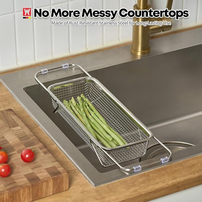 Extendable Dish Rack with Feet, Vegetable Colander Basket, Stainless Steel Dish or Silverware Drying Rack, Ultimate Kitchen Organizer Over The Sink (12.40 x 5.12 x 2.36 Inches)