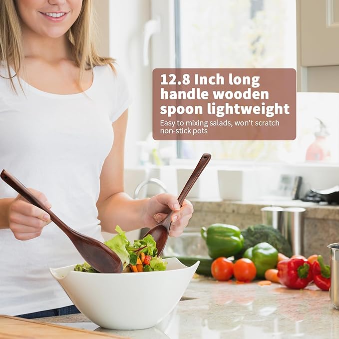 12 Inch Wooden Cooking Spoons, Extra Long Handle Wooden Spoon, Large Wood Spoon for Cooking Serving Mixing Kitchen Utensil (2 PCS)