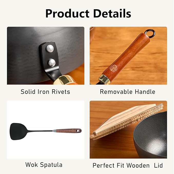 WANGYUANJI 8.7" Flat Bottom Iron Wok – Small Stir Fry Pan with Wooden Lid, No Coating, Induction Compatible, Ideal for Everyday Cooking