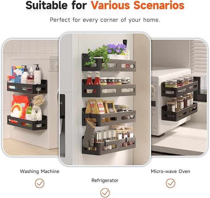 4 Pack Magnetic Spice Rack for Refrigerator, Spice Rack Organizer, Moveable Magnetic Shelf Fridge Organizer with 4 Hooks for Kitchen and Oven Organization, Black