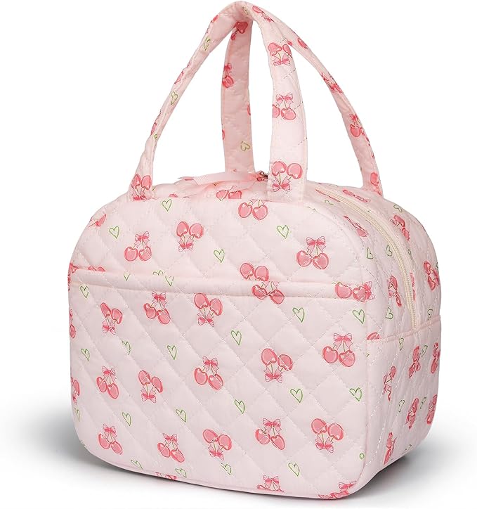 Quilted Lunch Box for Women,Lunch Box for Teen Girls,Cute Pink Cherry Lunch Bags for Work, School,Office,Picnic,Travel (cherry heart)