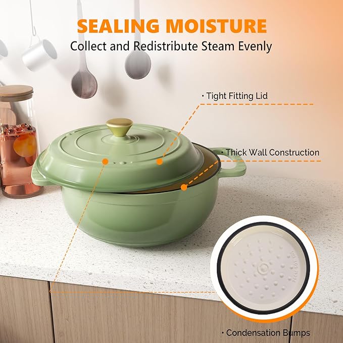 ROVSUN Enameled Cast Iron Round Dutch Oven, 6QT Pot with Lid &Dual Handles with Silicone Gloves,Oven Safe up to 500°F, Heavy-Duty Pre-Seasoned Cookware for Bread Baking, Braising, Stews, Roasting, Sage Green