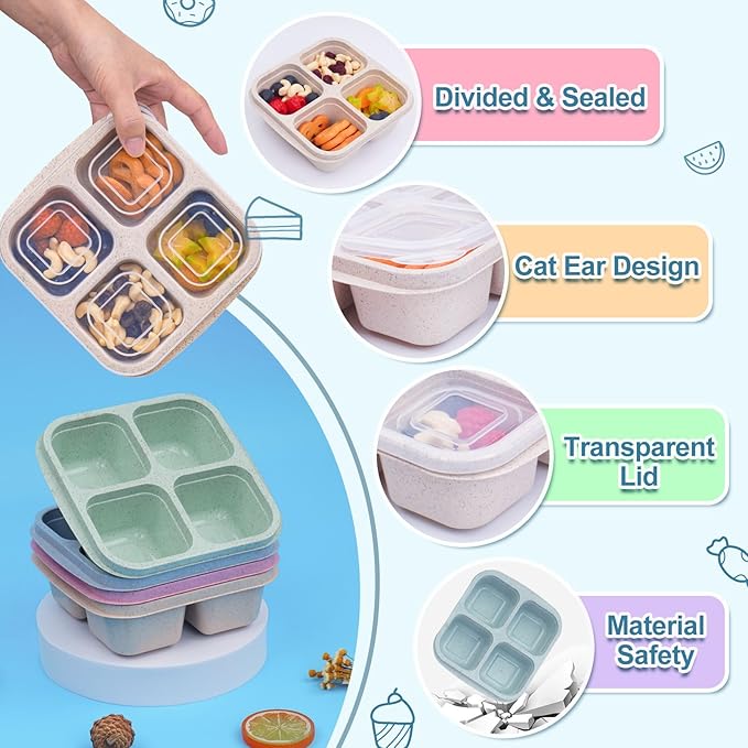 4 Pack Snack Containers, 4 Compartments Snackle Box Container, Meal Prep Reusable Lunchable Container, Microwave Dishwasher Safe, Food Storage Containers for Work Travel (Pink)