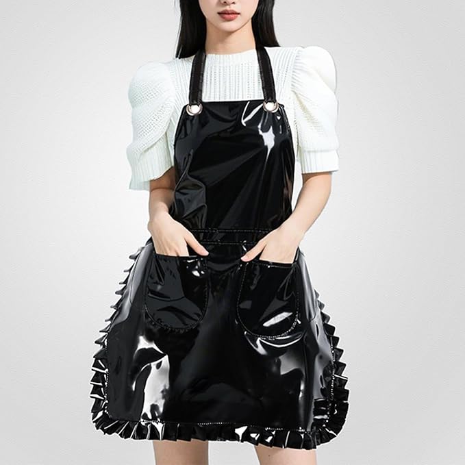 Glossy Cute Ruffled Apron, Lace-Up Model with Two Pockets, Vinyl Apron for Artists and Barbers, Waterproof